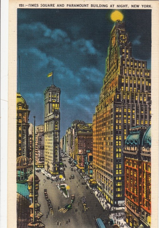 P1947 old postcard time square & parlament bldg night new york city unused