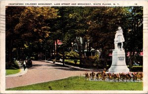 Postcard NY White Plains Cristoforo Colombo Monument Lake Street Park 1930 V139