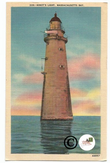 Vintage Linen Postcard Minots Light Massachusetts Bay. Lighthouse Atlantic ocean