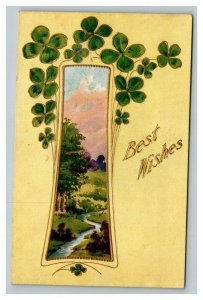 Vintage 1909 Winsch Best Wishes Postcard - 4 Leaf Clovers Meadow River - NICE