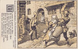 German Jester Beating Up Old Lady Antique Postcard