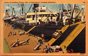 Linen Postcard Scene of Loading Cotton, One of Galveston's Leading Industries