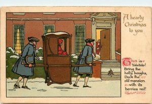 Nister Christmas Postcard 2458 Footmen Carry Lady in Sedan Chair to House Door