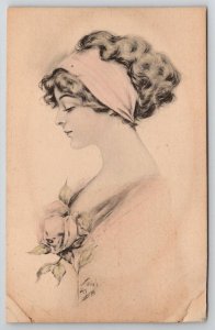 Beautiful Woman Pale Pink Rose Profile Schlesinger Postcard T29