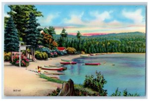 c1950's Bathing Beach, Boats, at Limekiln Lake Central Adirondack Mtn Postcard 