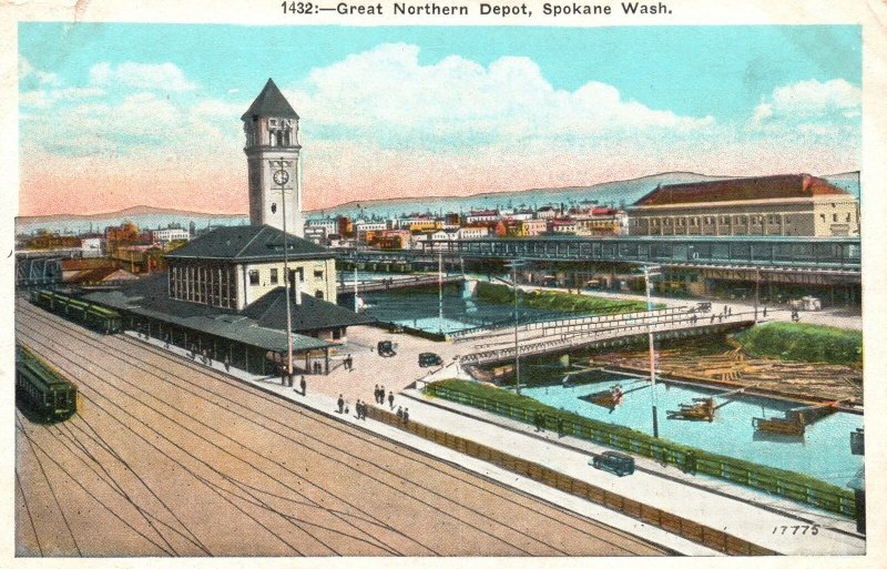 Vintage Postcard 1920's Great Northern Depot & Clock Tower Spokane Washington