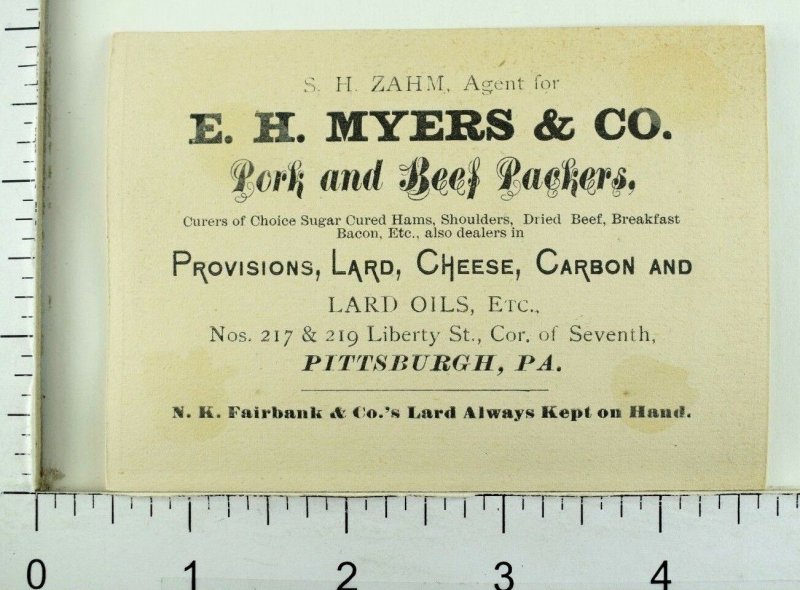 1870's Anthropomorphic Pig Lard E.H. Myers & Co Pork & Beef Packers Card F103