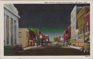 America Postcard - Ashtabula, Ohio - Main Avenue Looking South at Night RS32403