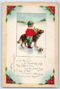 Christmas Boy With Dog And Holly Berries Embossed Williamstown NJ Postcard