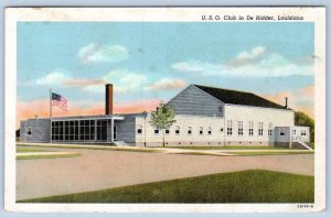 1920's U.S.O. CLUB BUILDING De RIDDER LOUISIANA AMERICAN FLAG VINTAGE POSTCARD