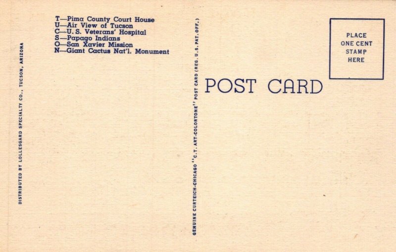 AZ, Tucson, Arizona Linen Large Letter Postcard, Curt Teich