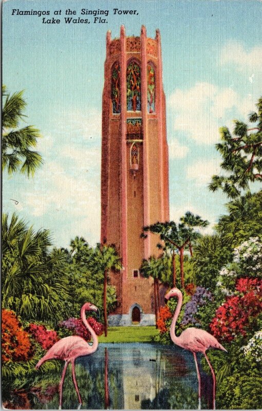 Flamingos Singing Tower Lake Wales Florida Fl Linen Georgia Marble Unp Postcard