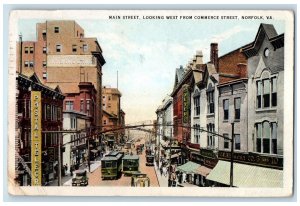 1927 Main Street From Commerce Street Arch Trolley Car Norfolk Virginia Postcard