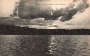 Vintage Postcard 1910's Spring Sunset on Lake Auburn Maine Nature Black & White