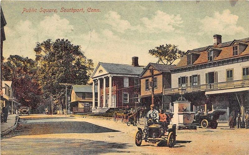 Southport CT Public Square Street View Old Cars 1912 Postcard