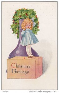 Christmas Greetings, Girl standing on box, Wreath of hollies, Large purple va...