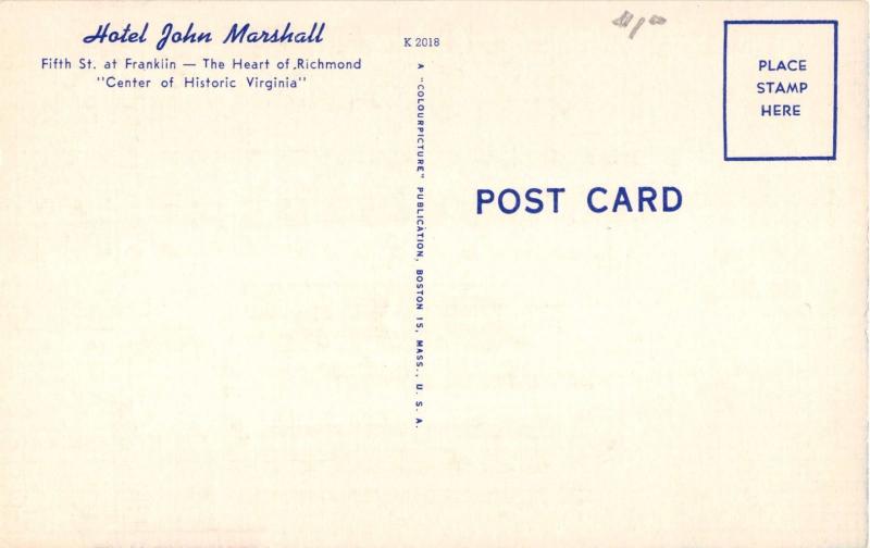 RICHMOND VA JOHN MARSHALL HOTEL & CAPTAIN'S GRILL RESTAUANT LOT OF 2 POSTCARDS