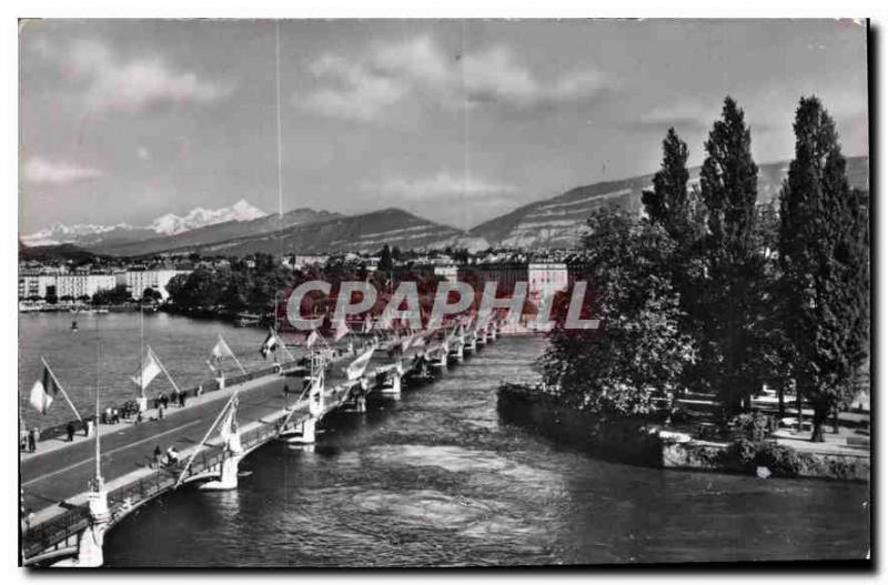 Postcard Old Geneva Island J J Rousseau The bridge of Mont Blanc and Mont Blanc