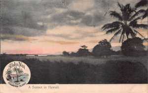 A SUNSET IN HAWAII FIJI STAMPS TO USA POSTCARD (c. 1910)