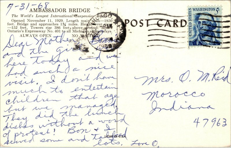 Vtg 1960s Ambassador Bridge Detroit Michigan MI to Windsor Ontario Postcard