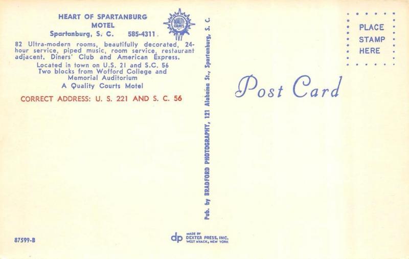 SC, South Carolina   HEART OF SPARTANBURG MOTEL~Pool   Chrome ROADSIDE Postcard