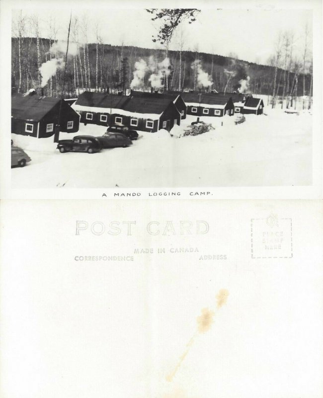 Postcard A Mando Logging Camp Real Photo Postcard Old Antique Cars Canada