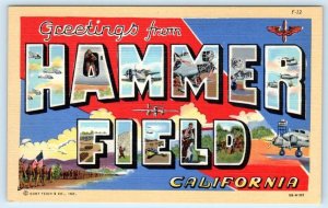 Large Letter Linen HAMMER FIELD, Fresno CA ~1940s WWII Era Military Postcard