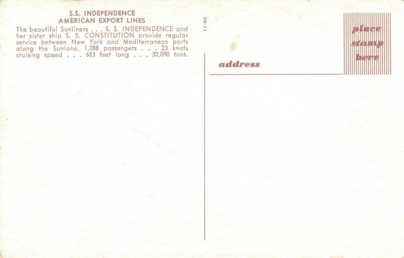 S.S. Independence American Export Lines Postcard 2R3-139 