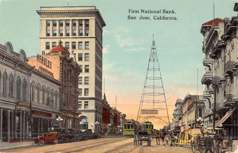 San Jose California First National Bank Street View Antique Postcard K46802