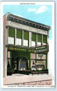 GREENFIELD, Massachusetts MA ~ Main Street MOHAWK RESTAURANT 1920s-30s Postcard