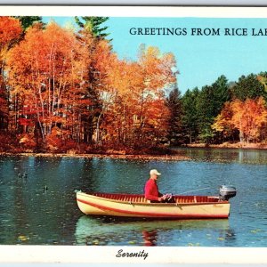 c1960s Rice Lake, WI Greetings from PC Old Man Fishing Alone Boat Serenity A266