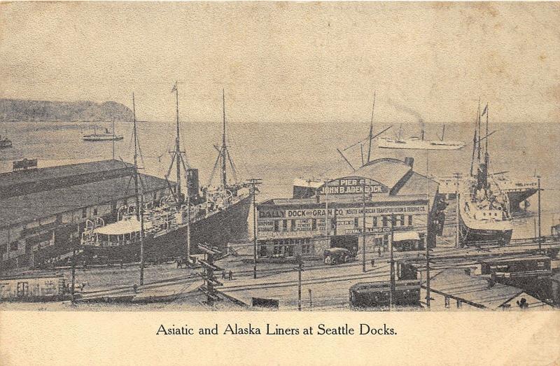 Seattle Washington~Asiatic & Alaska Ships in Harbor~John Aden Dock~c1910 Pc