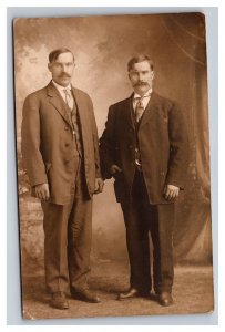 Vintage 1910's RPPC Postcard - Studio Portrait Two Men Suits and Big Mustaches