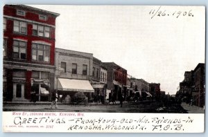 c1906 Main Street Looking North Building Store People Kenosha Wisconsin Postcard
