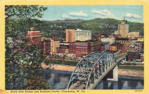 Vintage Linen Postcard South Side Bridge & Business Center Charleston WV