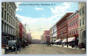 c1910 Ogdensburg New York Postcard Ford Street Looking West Railway Classis Cars