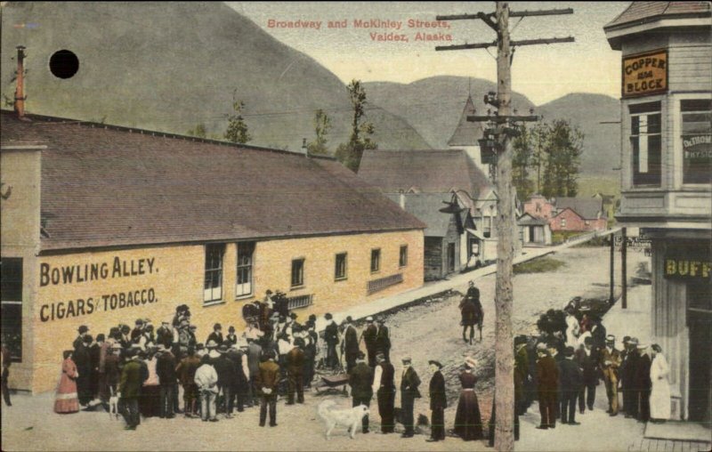 Valdez AK Broadway & McKinley Sts. Bowling Alley c1910 Postcard