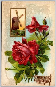 Vtg Christmas Greetings Rose Flower Gold Gilt Windmill 1910s Embossed Postcard