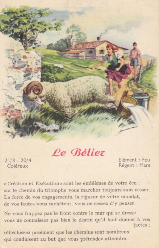 Sheep Aries Hitting Wall Mars Horoscope Old Antique French Postcard