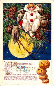 Vintage Winsch Beautiful Schmucker Girl, Clown, JOL & Owl Halloween Postcard