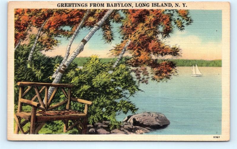 Postcard NY Babylon Long Island Scenic Greetings Vintage Linen I6