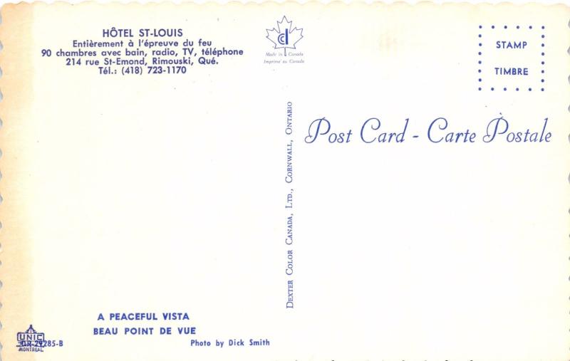 RIMOUSKI QUEBEC CANADA HOTEL ST LOUIS~BEAU POINT DE VUE~PEACEFUL POSTCARD 1960s