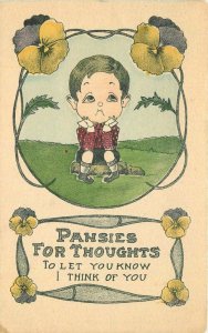 1910 Boy thinking of you Pansies hand colored flowers Postcard 22-3239