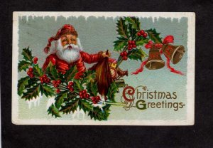 Christmas Greetings Santa Claus Bells Horse Toy Bag Holly Postcard 1911