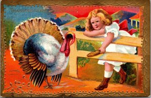 Embossed Thanksgiving Postcard Girl Feeding a Turkey Corn~132570