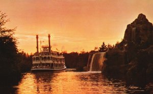 Vintage Postcard Mark Twain at Dusk Steamboat Cascade Mountain Rivers of America