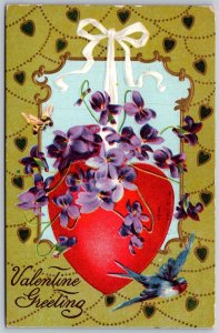 Vtg Valentine Greeting Bluebird Red Heart Flowers Embossed 1910s Postcard