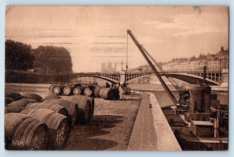 Paris France Postcard The Banks of the Seine Unloading Wine 1927 Vintage
