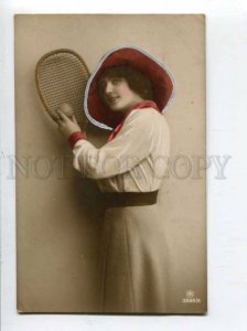 401163 Girl w/ TENNIS raquet Vintage tinted photo postcard