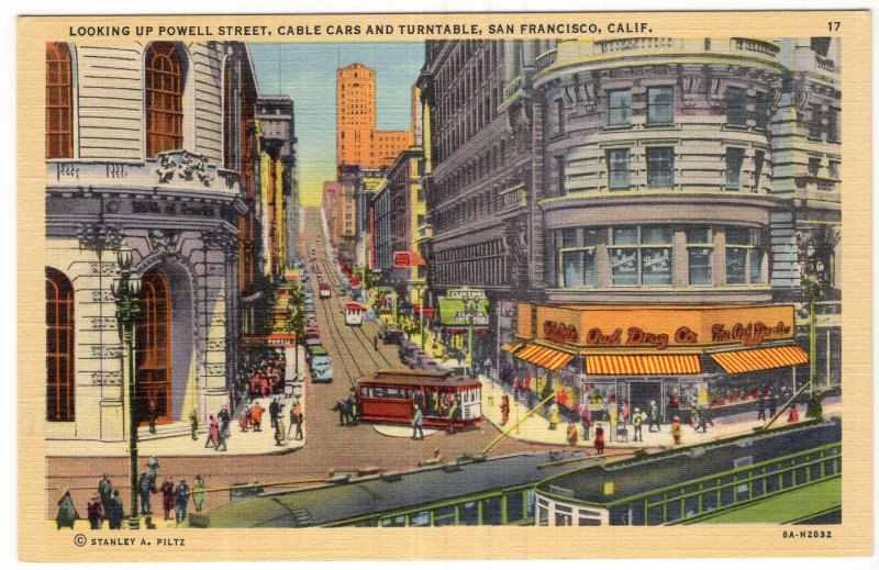 San Francisco, Calif., Looking Up Powell Street, Cable Cars and Turntable